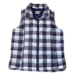Lands' End Women's Size Medium Down Fill Blue Checkered Puffer Vest Full Zip